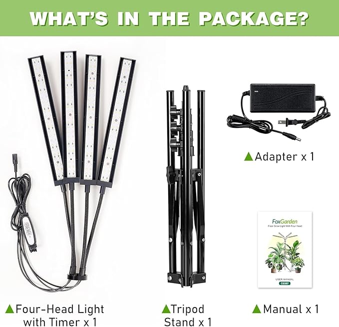 FOXGARDEN Grow Lights for Indoor Plants Full Spectrum with Tripod Stand, Tall Grow Lights for Indoor Growing with Flexible Gooseneck, Four-Head Plant Light with 4/8/12H Timer & 4 Brightness Levels