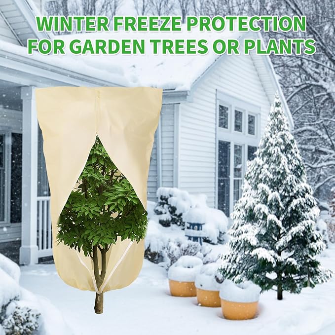 2 Pack 43"x32" Winter Plant Covers Freeze Protection Frost Cloth Blankets, 3 oz/yd² Tree Cover with Zipper Drawstring, Frost Protection Jacket for Outdoor Plant Cold Weather Protector Beige