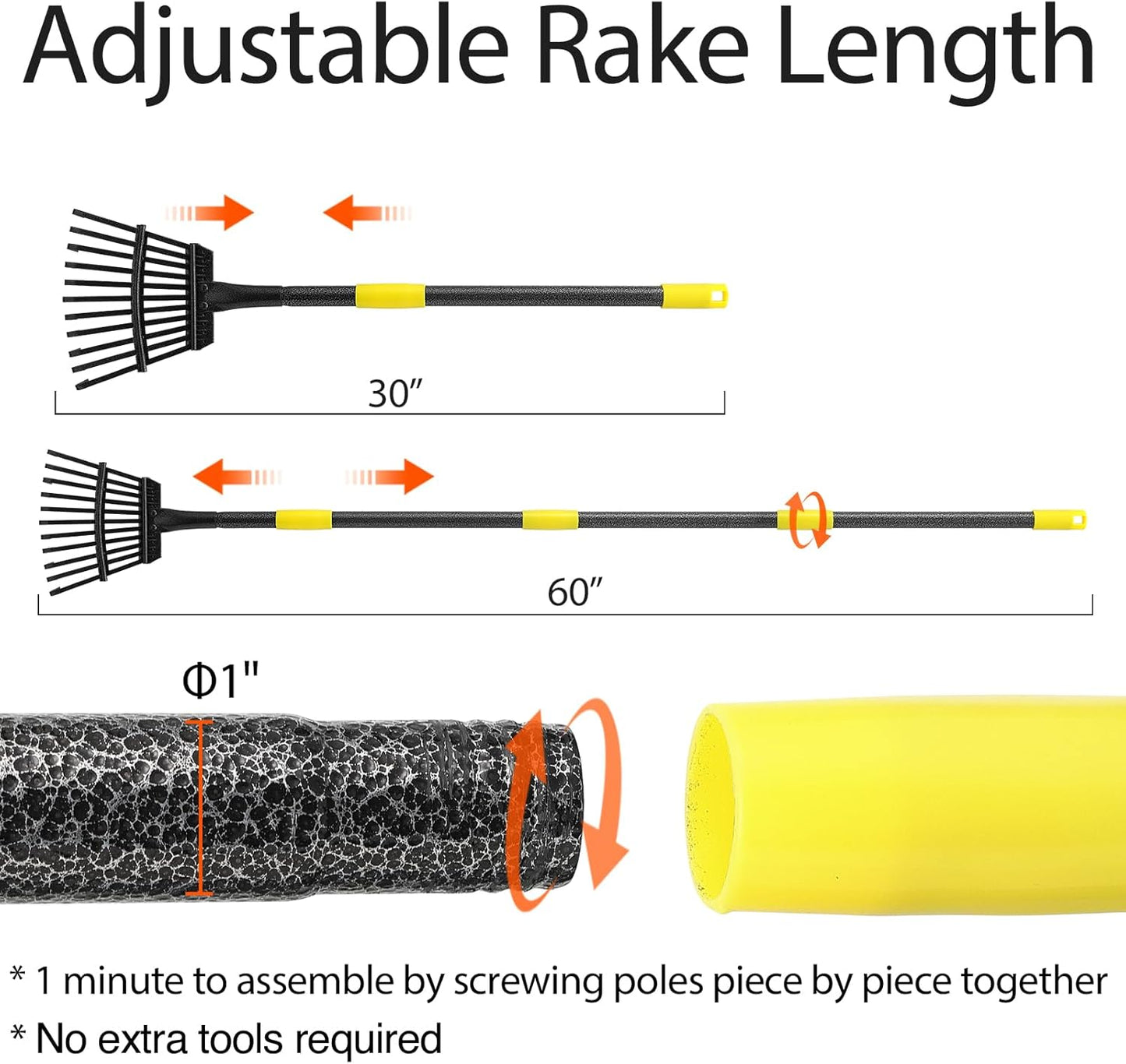 Rake for Leaves, 11 Tines 9" Wide Metal Leaf Rake with 32 Gallon Lawn and Leaf Bags & Scoops for Garden Adult Kids Lawn Shrub Yard Landscape Heavy Duty Long Handle 30-60