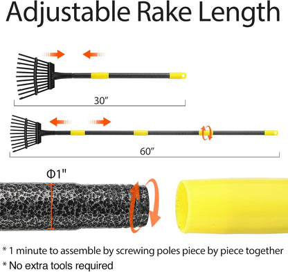 Rake for Leaves, 11 Tines 9" Wide Metal Leaf Rake with 32 Gallon Lawn and Leaf Bags & Scoops for Garden Adult Kids Lawn Shrub Yard Landscape Heavy Duty Long Handle 30-60