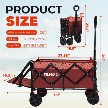 Collapsible Tailgate Wagon with Wheels, Compact Size Folding Utility Cart, 380LBS Capacity for Garden, Grocery, Beach, Camping – Portable Heavy Duty Cart(Brick Dot)