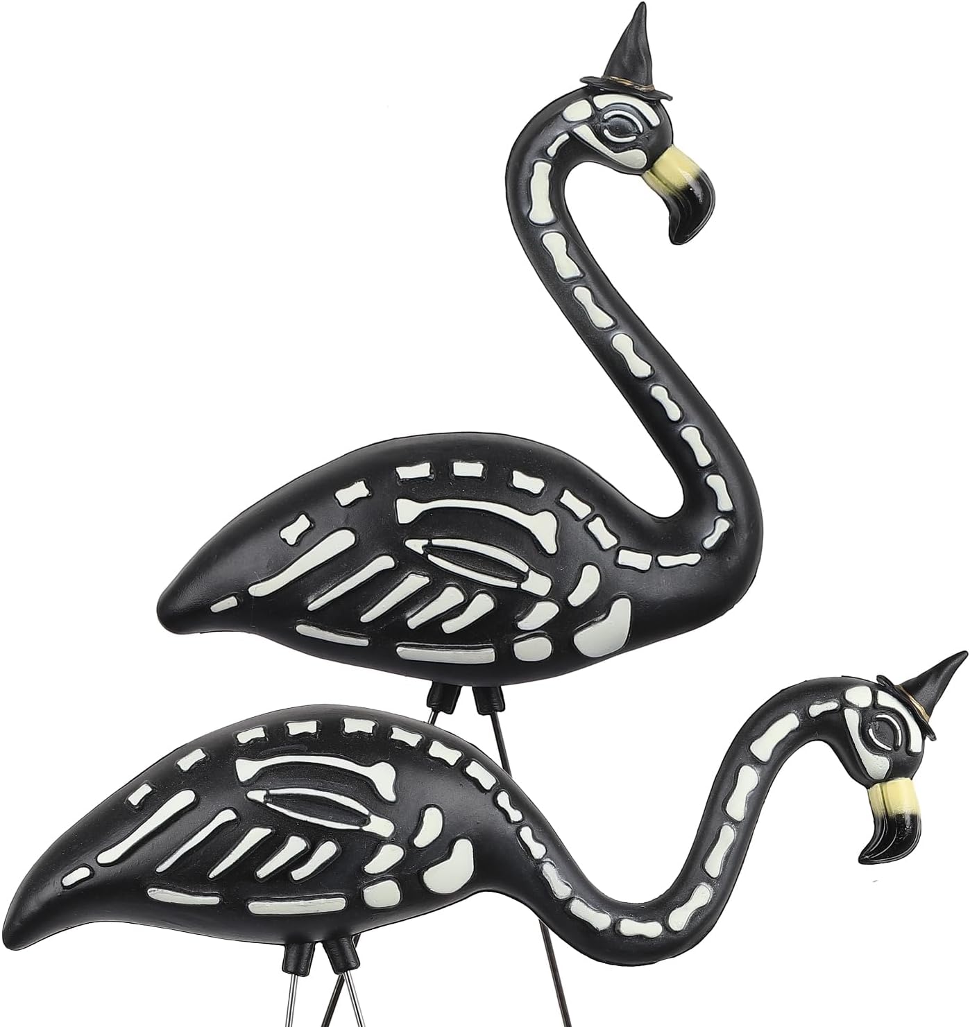 Halloween Black Flamingo Skeleton,Skeleton Flamingo Glow in The Dark, Zombie Flamingos for Spooky Graveyard Decorations, Skull Flamingo with Stakes for Halloween Lawn Ornaments, 2 Pack