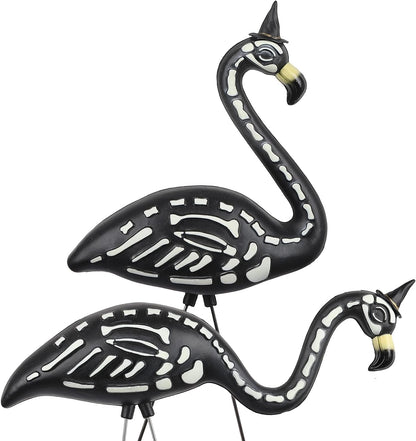 Halloween Black Flamingo Skeleton,Skeleton Flamingo Glow in The Dark, Zombie Flamingos for Spooky Graveyard Decorations, Skull Flamingo with Stakes for Halloween Lawn Ornaments, 2 Pack