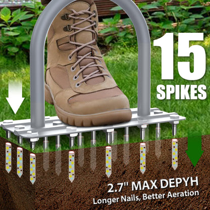 Lawn Aerator Spike Tool - Manual Grass Aerator with 15 Iron Spikes, Pre-Assembled Yard Aerator for Core Aeration, Dethatching, Heavy Duty T-Handle & Wide Foot Plate for Lawn Yard & Garden (Grey)