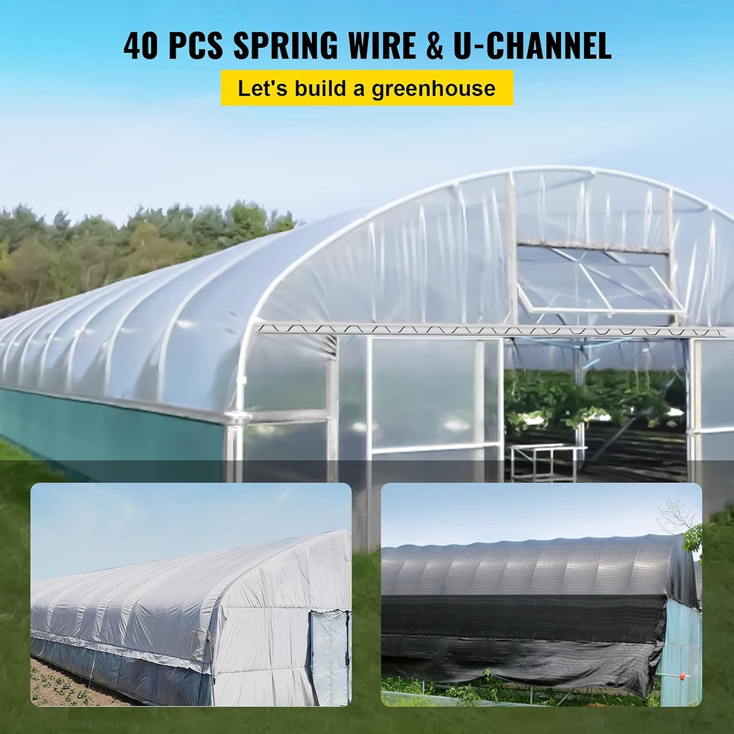 VEVOR Greenhouse Spring Wire and Lock Channel 40 Packs, 6.56 ft PE Coated Aluminum Alloy Bundle Kit, Silver Plastic Poly Film or Shade Cloth Attachment w/Screws