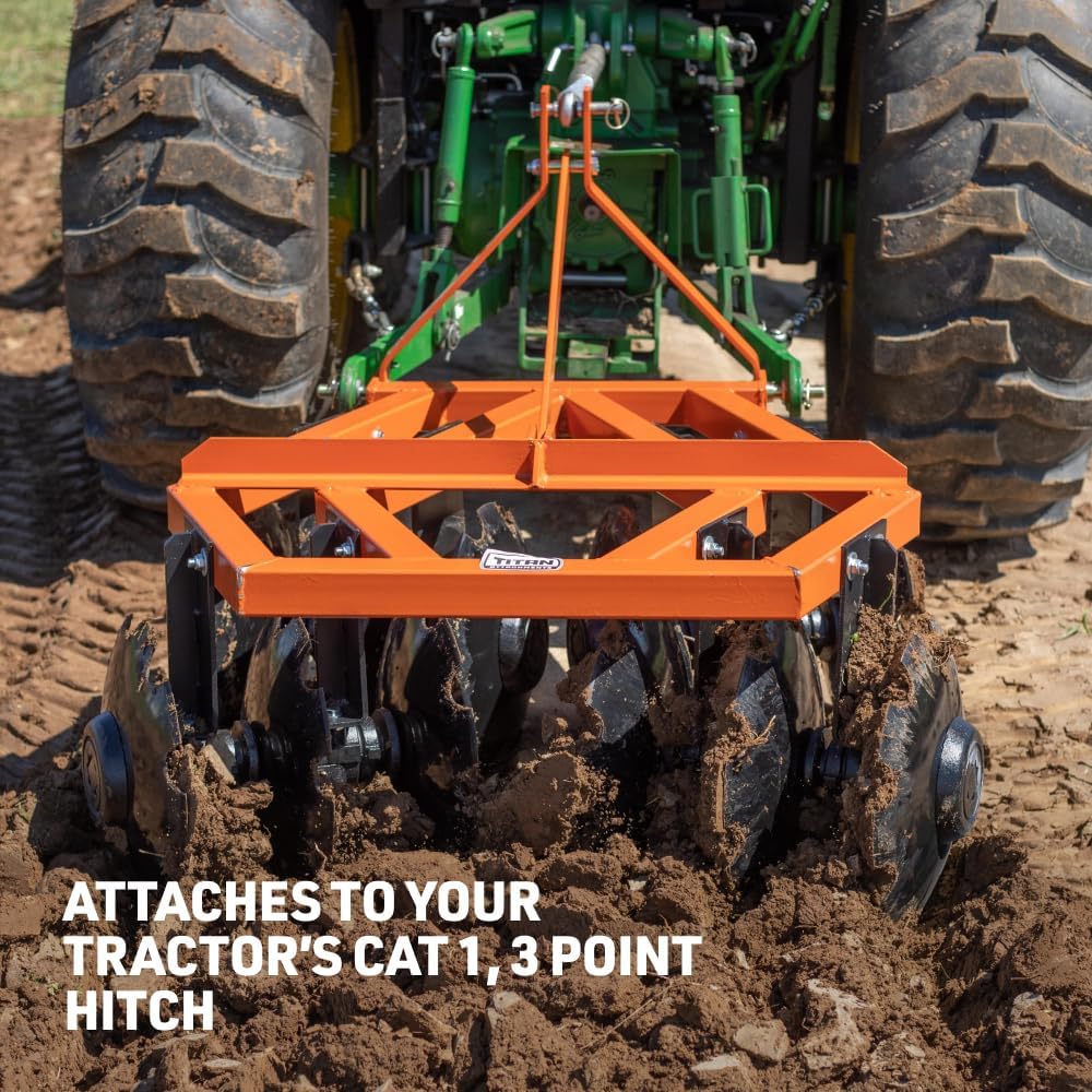 Titan Attachments 3 Point 4ft Notched Disc Harrow Plow Attachment for Cat 1 Tractors, Concave Discs for Tilling, Loosening and Lifting Soil