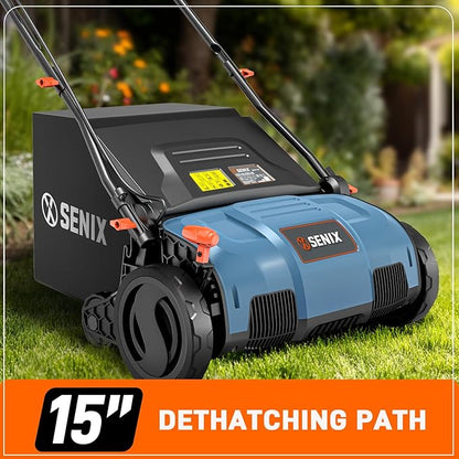 SENIX 13 Amp 15-Inch 2-in-1 Electric Dethatcher and Scarifier with 13.2-Gal Collection