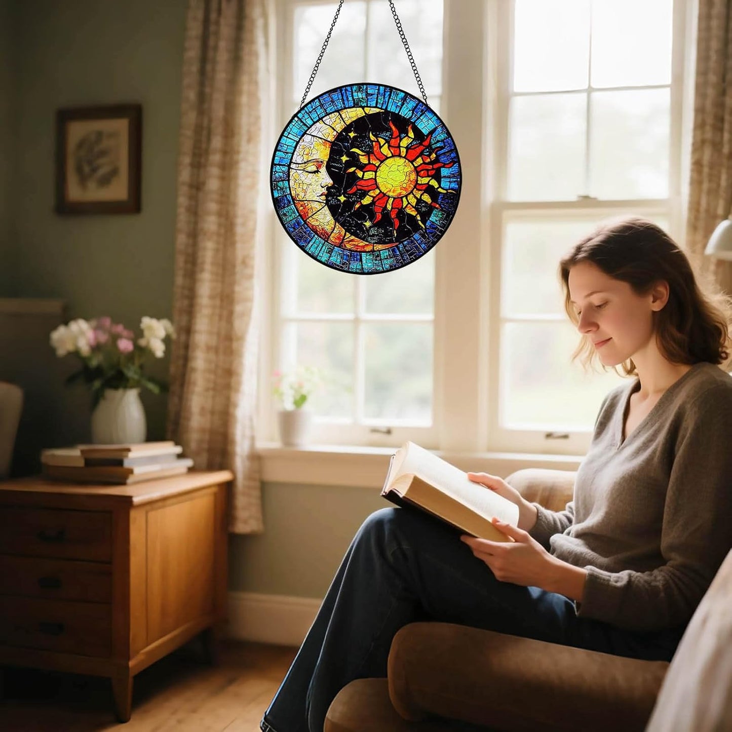 Sun and Moon Suncatcher Stained Glass Window Hanging | 8" Round Vibrant Sun Catchers Indoor Window & Wall Art Decor | Stain Glass Panel Gift for Women | Birthday & Housewarming Gifts