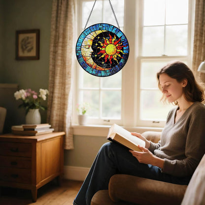 Sun and Moon Suncatcher Stained Glass Window Hanging | 8" Round Vibrant Sun Catchers Indoor Window & Wall Art Decor | Stain Glass Panel Gift for Women | Birthday & Housewarming Gifts