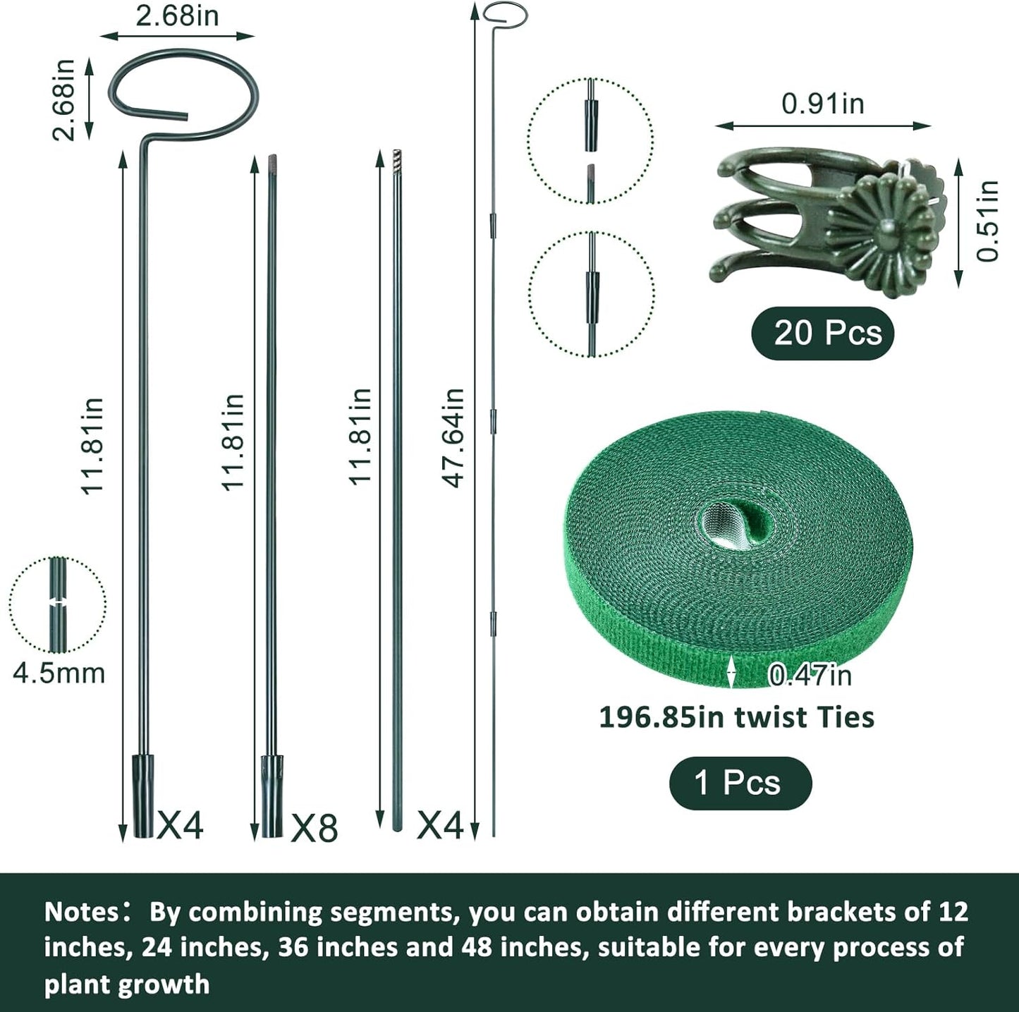 4 Set Metal Plant Sticks Support Tall 48 Inch Adjustable Plants Stem Support Rod Amaryllis Holder Stake Garden Flower Rings with 20PCS Clips 16.5' Plant Ties for Outdoor Indoor Plants