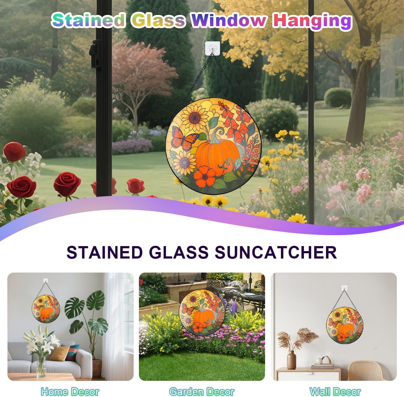 Pumpkin Suncatcher for Window Hanging - Stained Glass Window Hanging, Pumpkin Decor for Garden,Wall, Balcony, Fall Gift for Halloween(12 Inch)