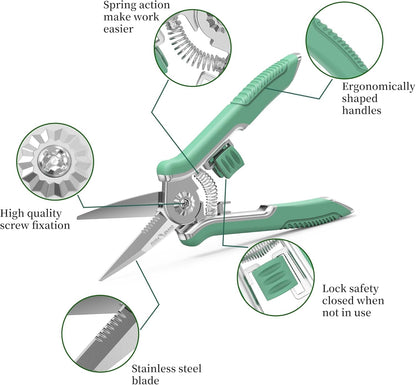 FLORA GUARD 6.5-Inch Floral Scissors, Zinc Alloy with Rubber Handle, Toothed Blade for Quick Cutting, Suitable for Flower Placement, Plant Pruning, Rose or Fruit Picking (Green)