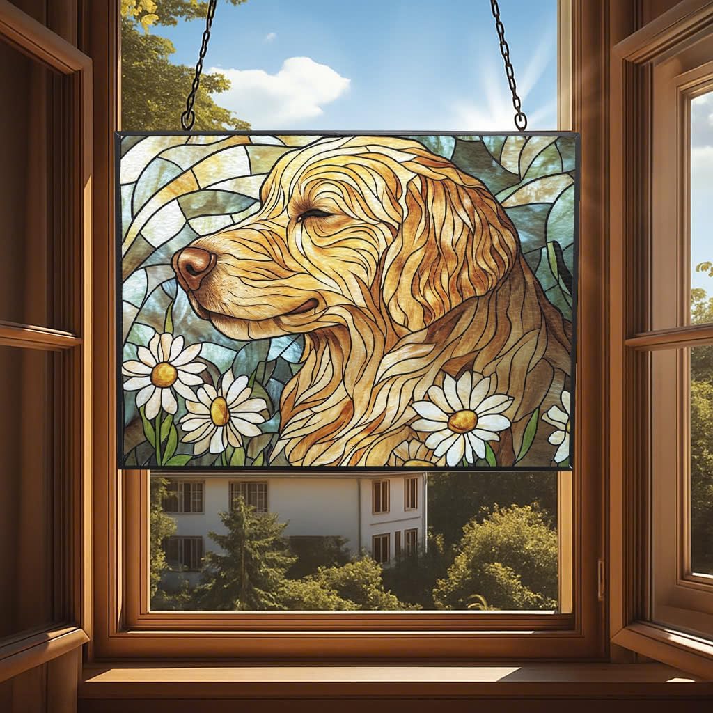 Personalized Rectangle Art Nouveau Golden Retriever Garden Stained Glass Window Hanging, Stained Glass Window Decor Suncatcher for Women, Home Décor