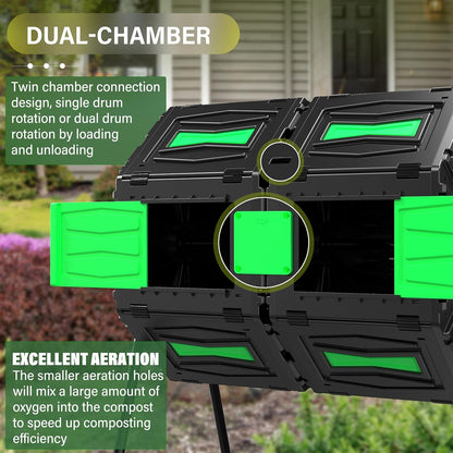 45 Gallon Dual Chamber Compost Tumbler, BPA-Free Rotating Outdoor Composter for Kitchen Waste & Yard, Heavy-Duty Fast Composting Bin for Sustainable Winter Gardening & Spring Prep