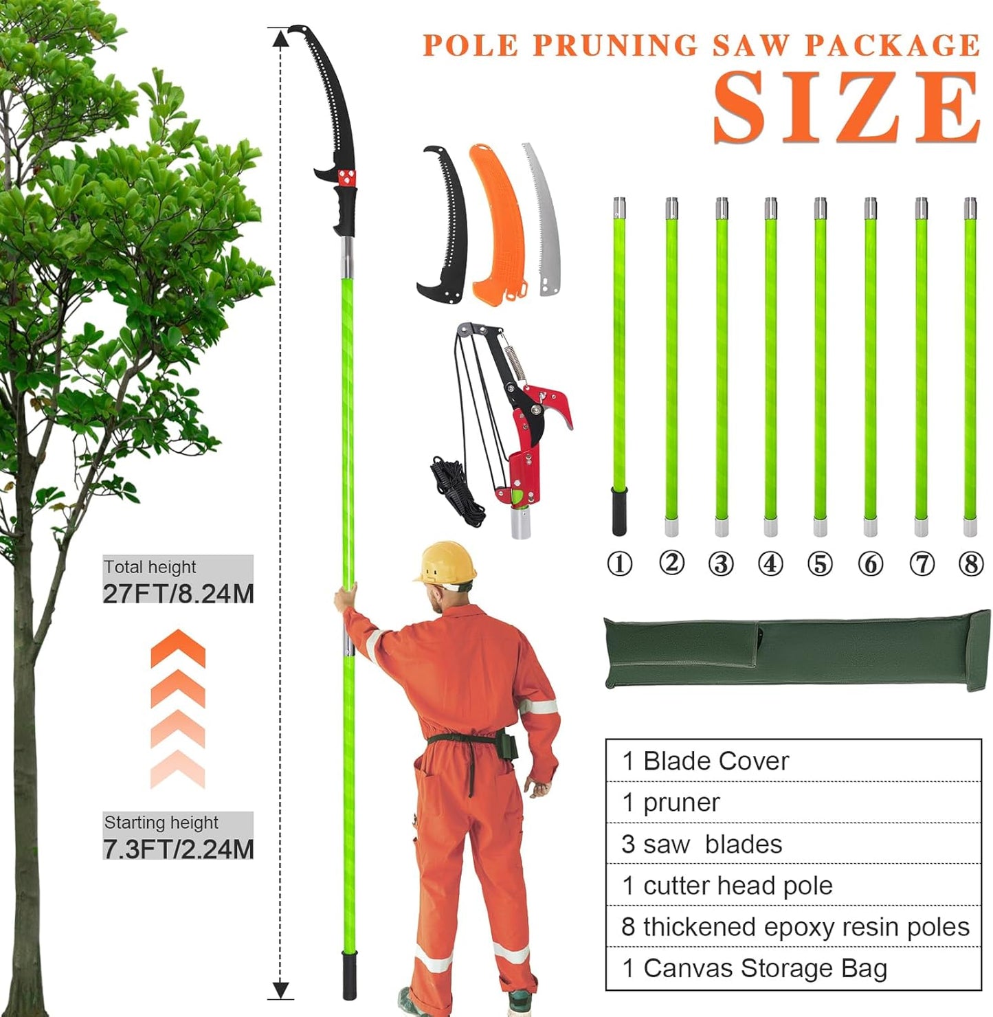 Tree Pruner Pole Saw for Trimming, 7.3-27ft Manual Extendable Tree Trimmer, Ideal for Palms and Shrubs