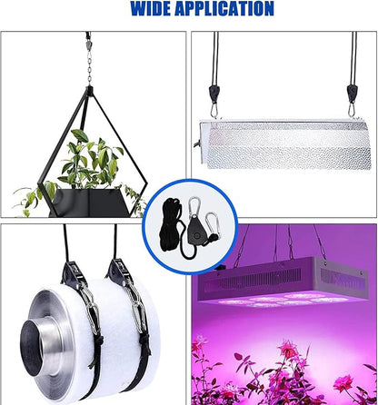 Grow Light Rope Hanger 3Pairs，1/8" 8-Feet Long Heavy Duty Adjustable Rope Clip Hanger, Adjustable Rope Ratchet Hangers 150 Lbs per Pair with Stainless Steel 2.5" S Hook