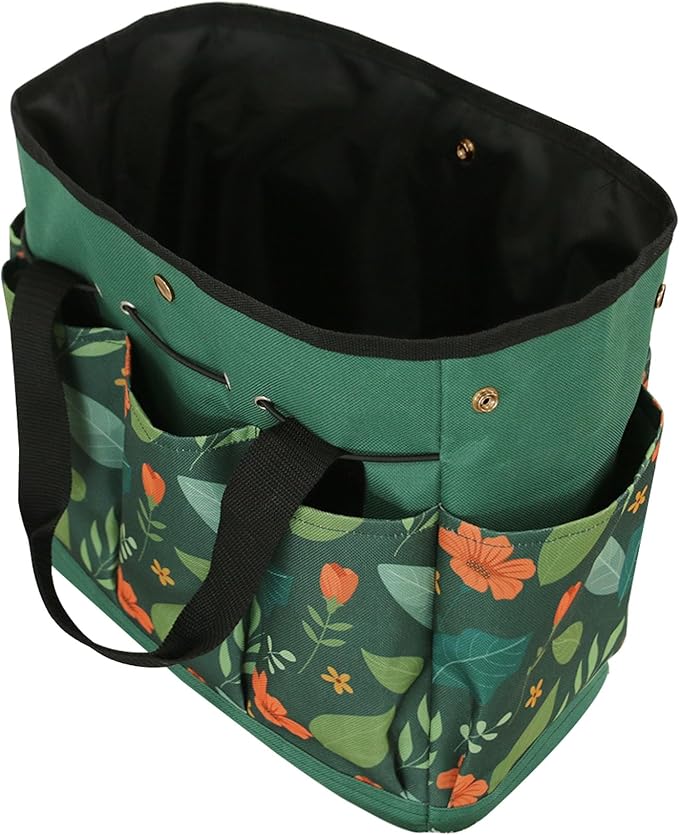 Garden Tool Bag, Portable Garden Tote Bag with Handle, Oxford Garden Tool Organizer Bag, Ideal Gardening Gifts for Wife and Parents, Tools Not Included(Green Flower)
