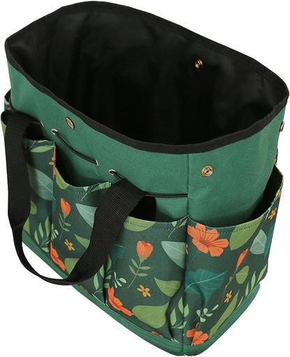 Garden Tool Bag, Portable Garden Tote Bag with Handle, Oxford Garden Tool Organizer Bag, Ideal Gardening Gifts for Wife and Parents, Tools Not Included(Green Flower)