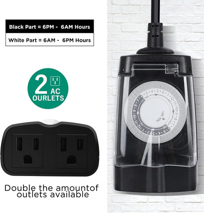G-Homa 24 Hour Mechanical Outdoor Timer Outlet, Outdoor Timer for Lights, Waterproof, 2 Grounded Outlets, 15A 1/2HP, Heavy Duty, ETL Listed