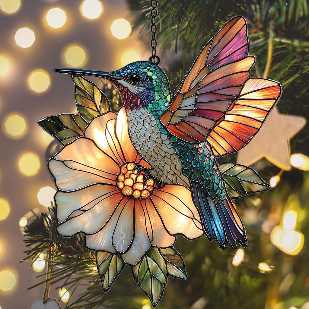 Hummingbird Mosaic Style Acrylic Suncatcher Stained Glass Effect Window Car Hanging Christmas Ornament Indoor Outdoor Decor Garden Sun Catcher Panel for Hummingbird Lover for Women Mom Grandma