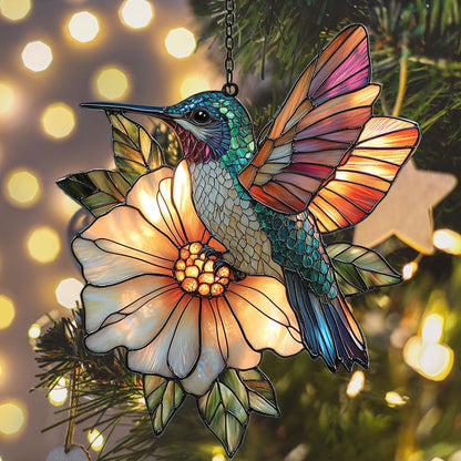 Hummingbird Mosaic Style Acrylic Suncatcher Stained Glass Effect Window Car Hanging Christmas Ornament Indoor Outdoor Decor Garden Sun Catcher Panel for Hummingbird Lover for Women Mom Grandma
