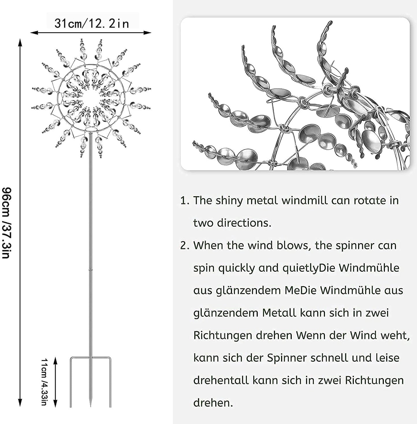 2Pcs Unique Fantasy Metal Windmill, 3D Wind Powered Kinetic Sculpture, Dual-Tiered Opposite-Directional Rotation, Stainless Steel Wind Spinners, Silver
