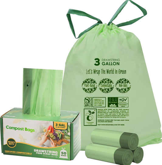 3 Gallon Compostable Trash Bags with Drawstring, Heavy Duty Extra Thick 1 Mil, 11.36 Liter, 50