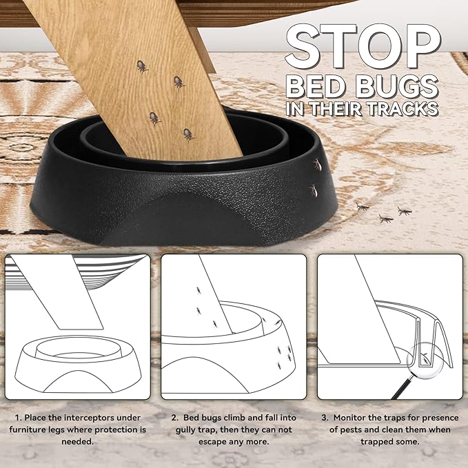Bed Bug Interceptors Trap Detector | Bedbug Traps for Bed Legs with Anti Skid Pads (Black -12 Pcs)