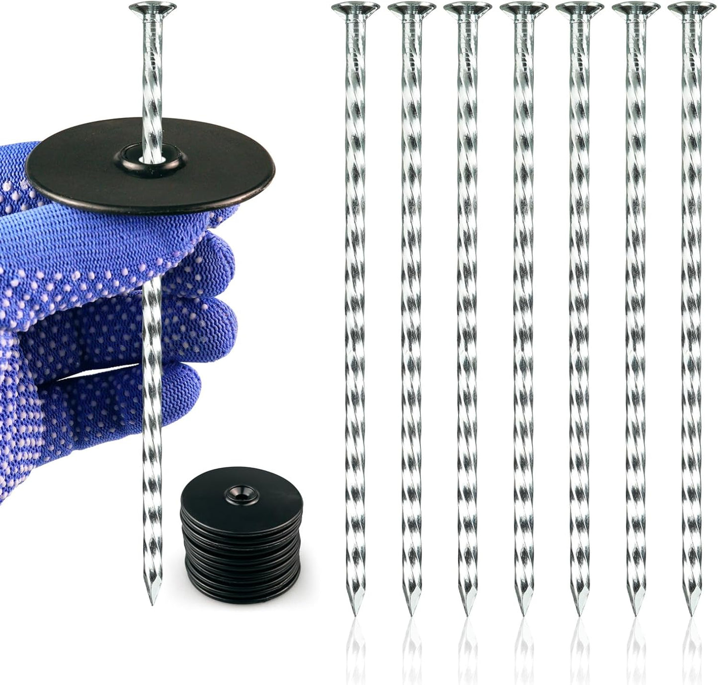 Spiral Landscape Stakes with Gasket, Heavy Duty Galvanized Metal Garden Landscape Stakes Kit for Securing Weed Barrier Fabric, Artificial Turf, Floor Mat and More (6 Inch Stake + Gasket, 300)