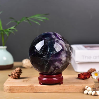 JIC Gem Large Crystal Sphere with Stand Colorful Fluorite Crystal Ball Gemstone Decorative Ball for Home Decor Altar Reiki Healing Gift 90-100mm