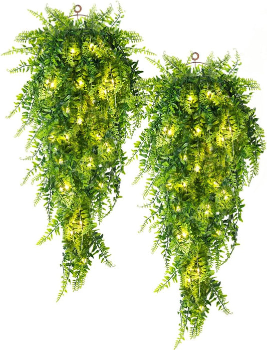 RECUTMS Artificial Boston Ferns 4 Pack Fake Hanging Plants with 30 LED Lights Faux Ivy Vine Leaves Plastic Greenery UV Resistant for Home Bedroom Wall Porch Garden Wedding Decor (Green)