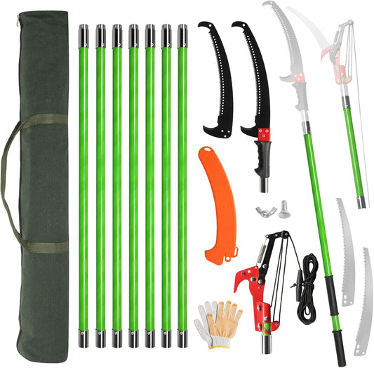 Outvita Manual Pole Saw, 30 Feet Extendable Tree Pruner with Knives and Storage Pocket, Sharp Steel Blade and Scissors High Branches Trimming for Pruning Palms and Shrubs(Green)