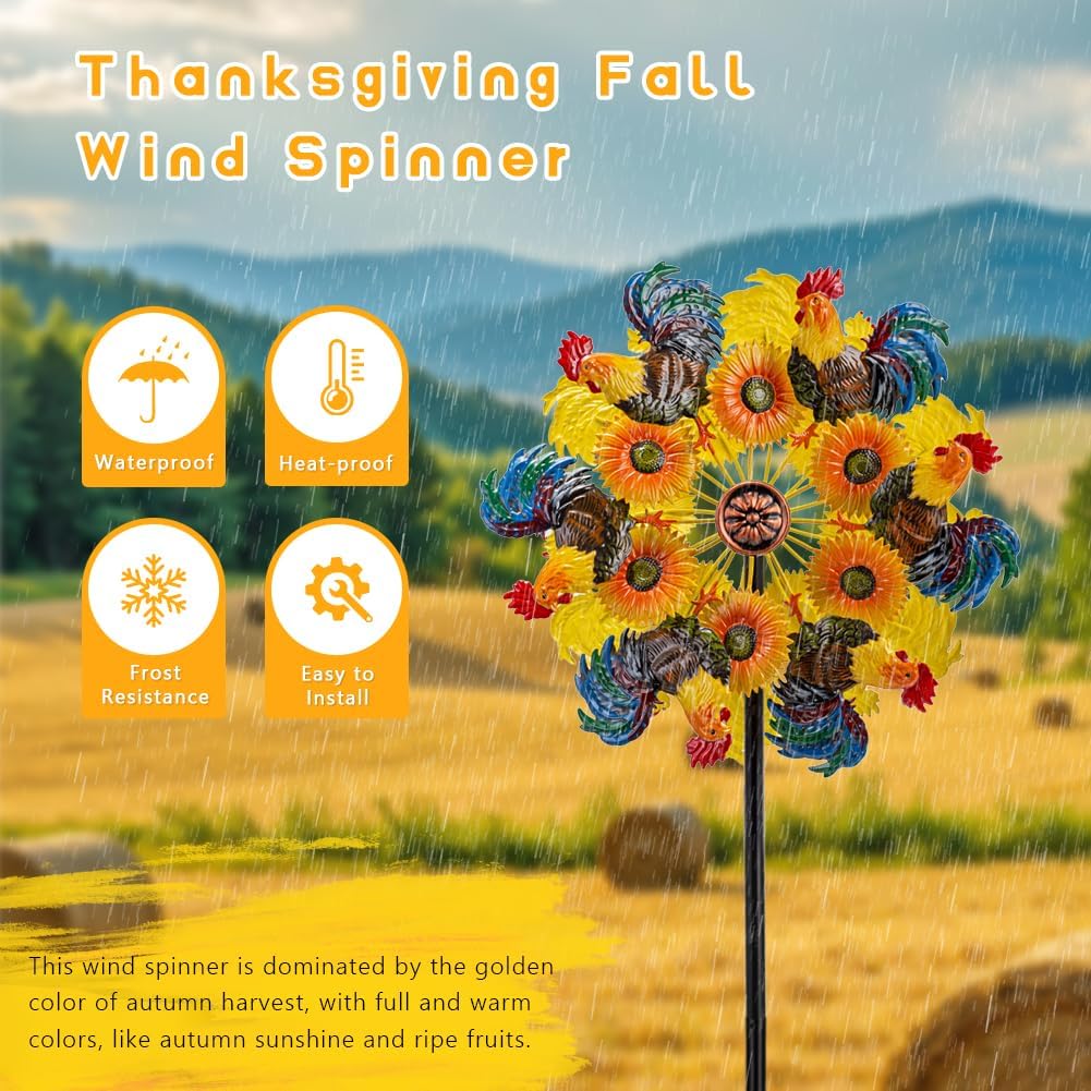 DREAMYSOUL Metal Sunflower and Rooster Fall Wind Spinners, Fall Decorations Outdoor, Kinetic Wind Spinners for Farmhouse Garden Lawn Yard Decor, Harvest Thanksgiving Gifts