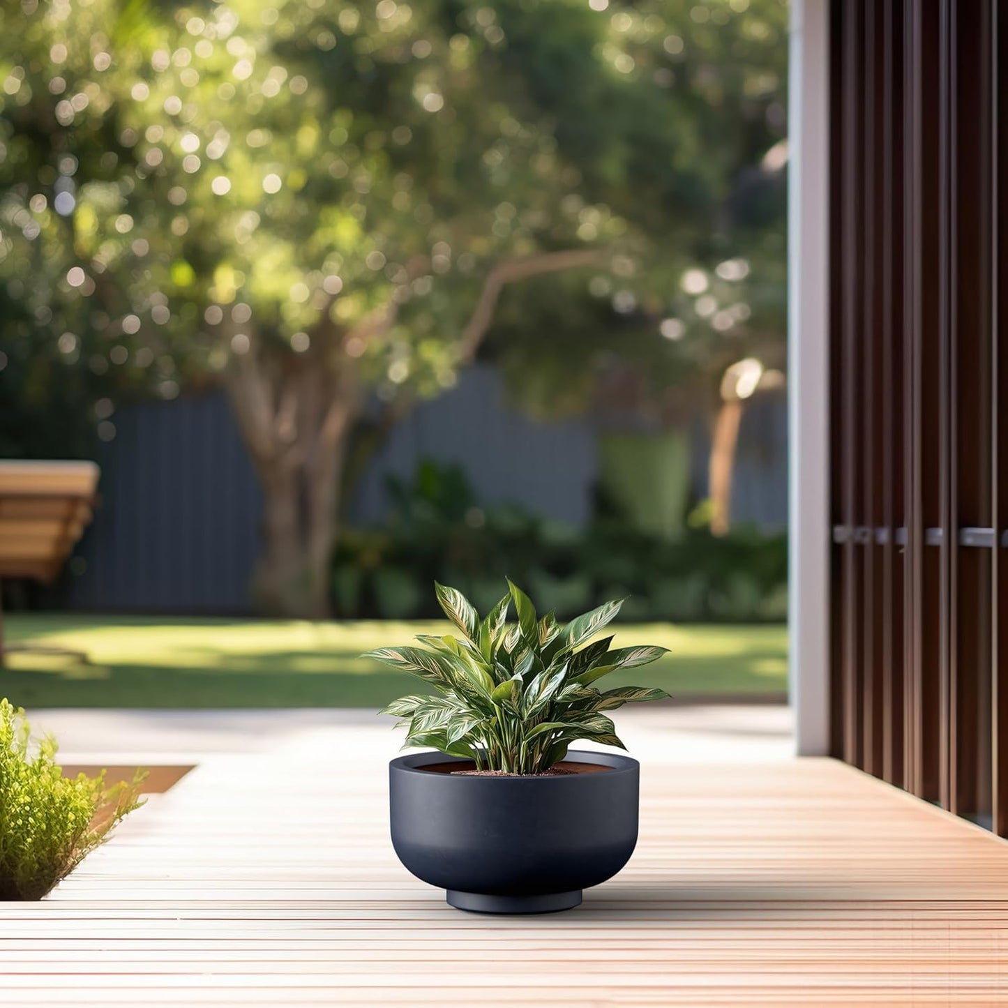 Kante 13.8 Inch Dia Concrete Bowl Planter, Large Tapered Bottom Plant Pot with Drainage, Smooth Charcoal Finish with Warm Brown Interior, Ideal for Porch, Home, Garden, Patio