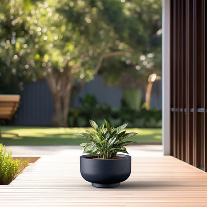 Kante 13.8 Inch Dia Concrete Bowl Planter, Large Tapered Bottom Plant Pot with Drainage, Smooth Charcoal Finish with Warm Brown Interior, Ideal for Porch, Home, Garden, Patio
