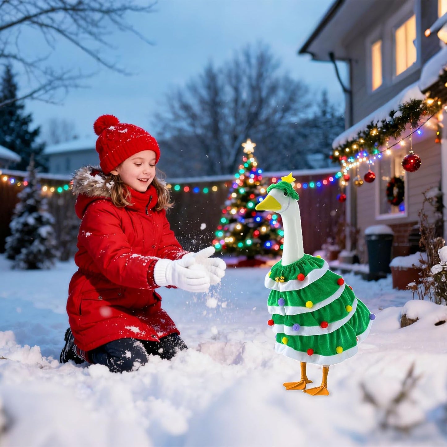 RAWILL 1PC Christmas Porch Goose Outfits,Old Lady Goose Santa Clothes for 23'' High Cement or Plastic Porch Costume for Yard Lawn Outdoor Garden Patio Xmas Holiday Decor (Green)