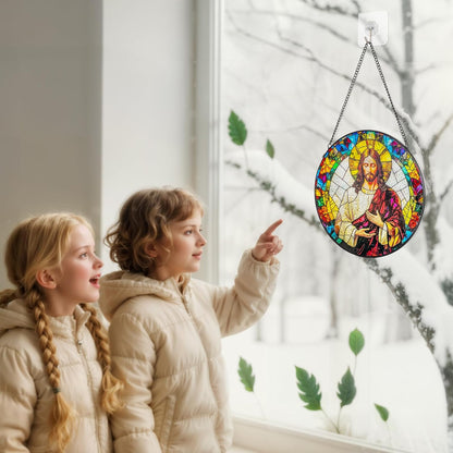 Suncatcher Stained Glass Window Hanging - Jesus Christ Glass Panel with Metal Chain and Hooks Handmade Sun Catcher Decoration for Window Garden Home Christmas & Birthday Gifts (8 Inch)