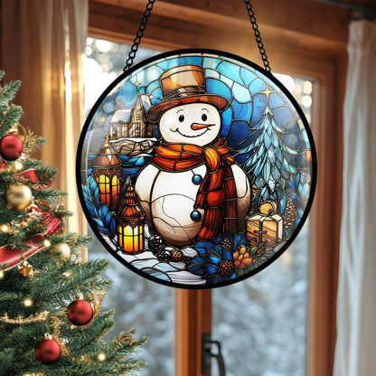 Snowman Stained Glass Window Hanging, Christmas Snowman Stained Glass Window Hanging, Snowflake Glass Ornam Decoration for Winter Holiday Party, Merry Christmas Glass Ornament Gift for Family Friend