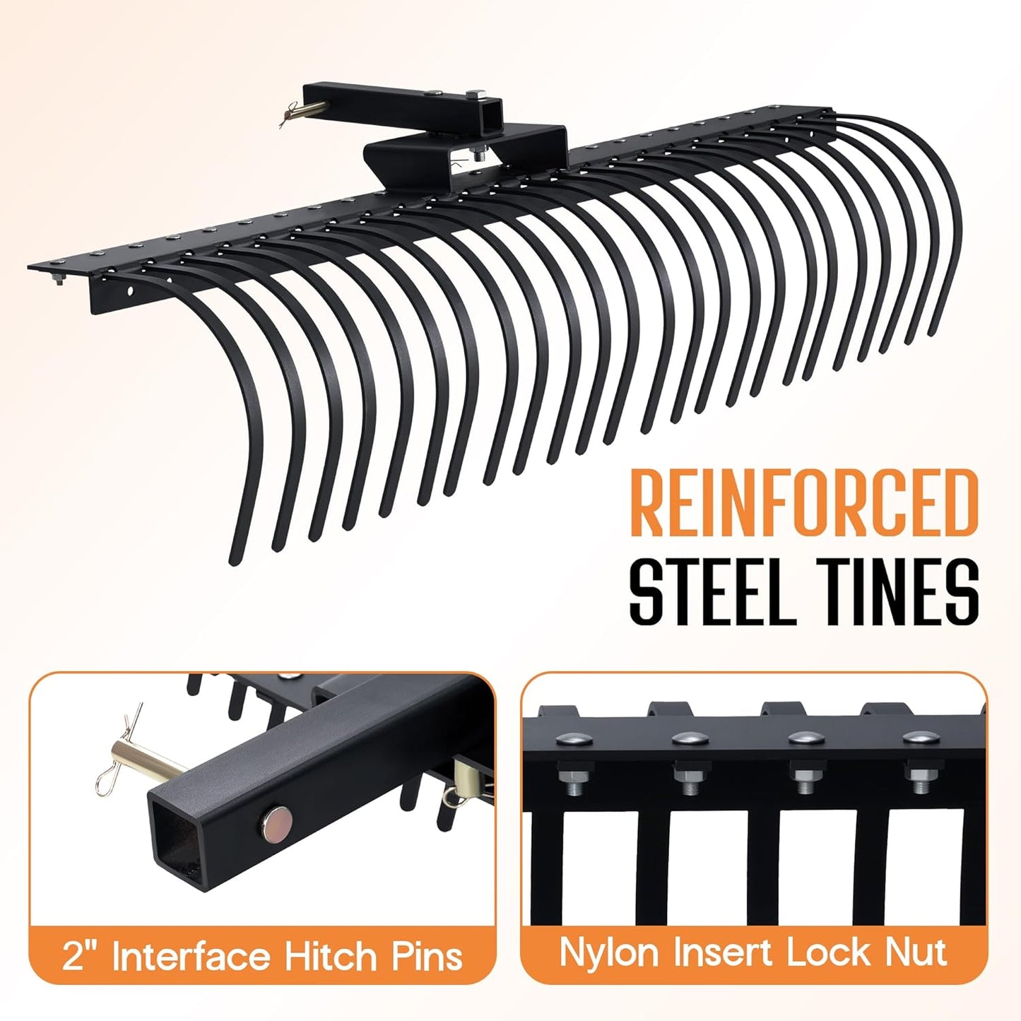 Specraft 60" Behind Landscape Rake for Tractor, Tow Dethatcher Rake with 24 Steel Coil Tines and 2" Receiver, Fit for 3-Point Suspension Systems