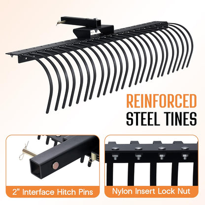 Specraft 60" Behind Landscape Rake for Tractor, Tow Dethatcher Rake with 24 Steel Coil Tines and 2" Receiver, Fit for 3-Point Suspension Systems