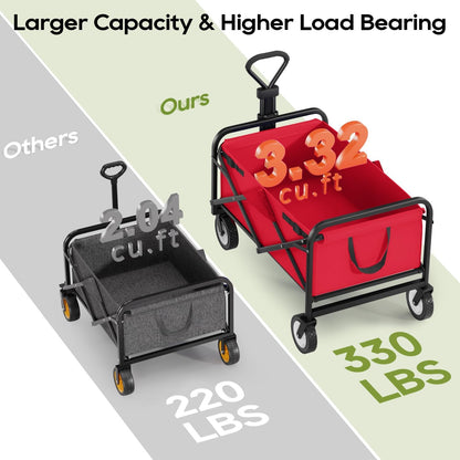 Collapsible Wagon Folding Wagon Garden Cart with Large Capacity, Portable Utility Wagon Cart Heavy Duty for Beach Camping Shopping Garden, Red