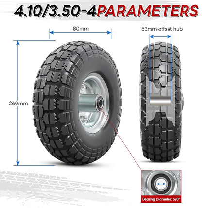 4 PCS 10” Solid Tires, 4.10/3.50-4” Flat Free Tires and Wheels with 5/8” Axle Bore Hole and Double Sealed Bearings Compatible with Hand Truck Wheelbarrow Tire Lawn Mower Tire (Silver) P-092