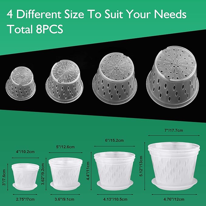 Orchid Pots- 2 Each of 4, 5, 6 and 7 inch- 8 Pots and Saucers, Orchid Pots with Holes and Clear Plastic Orchid Pots for Repotting