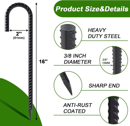 AAGUT 16 Inches 24 Pack Rebar Staks J Hook 3/8” Ground Stakes Heavy Duty with Chisel Point End for Camping Tent, Chain Link Fence, Outdoor Decorations, Inflatables, Black Coated
