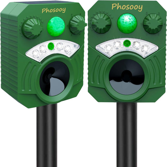 2 Packs Solar Ultrasonic Animal Repeller, Waterproof Mode-Adjustable Animal Deterrent Device with Flashing Strobe Lights to Repel Cats, Dogs, Squirrel, Rats, Skunks, Raccoons and Deer