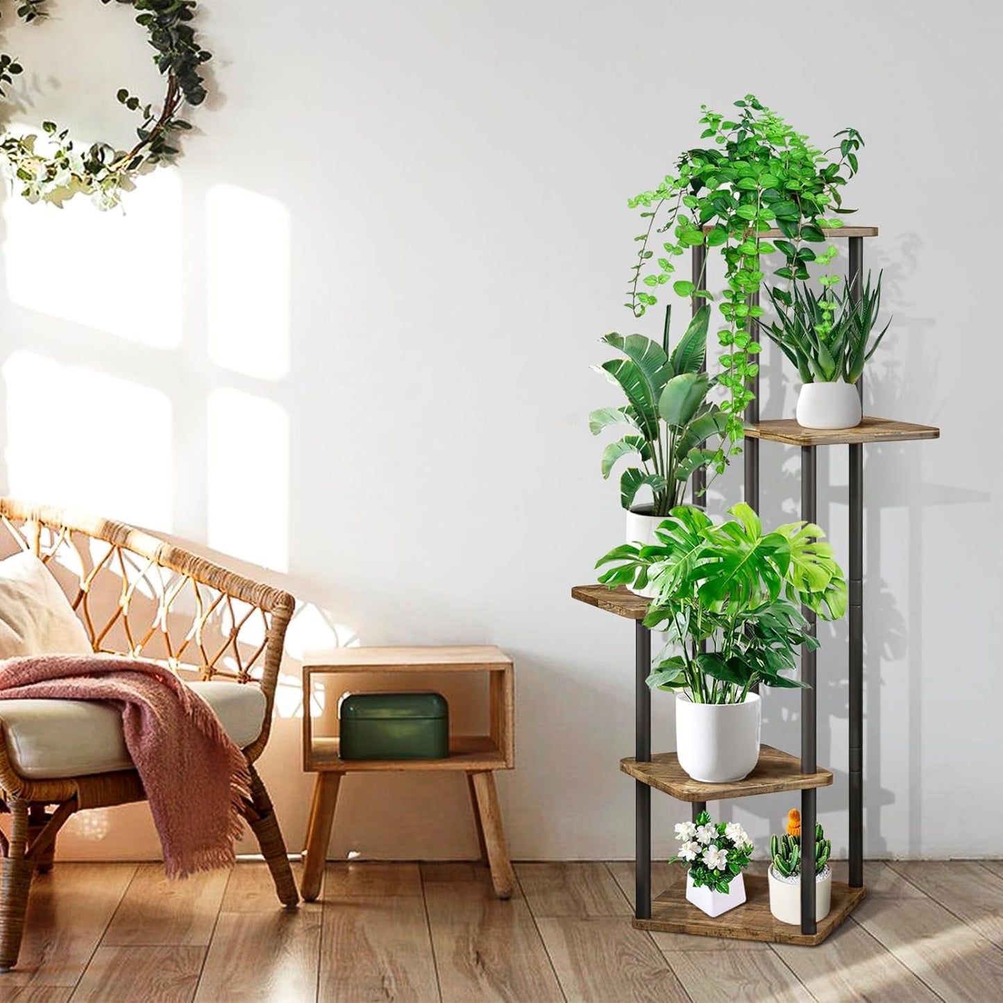 5 Tier Wood Tall Plant Stand Metal Rack Indoor, Multiple Flower Pot Holder Shelves Corner Rack, Planter Shelf Display Rack Storage Organizer for Patio Living Room Balcony Garden(Black)