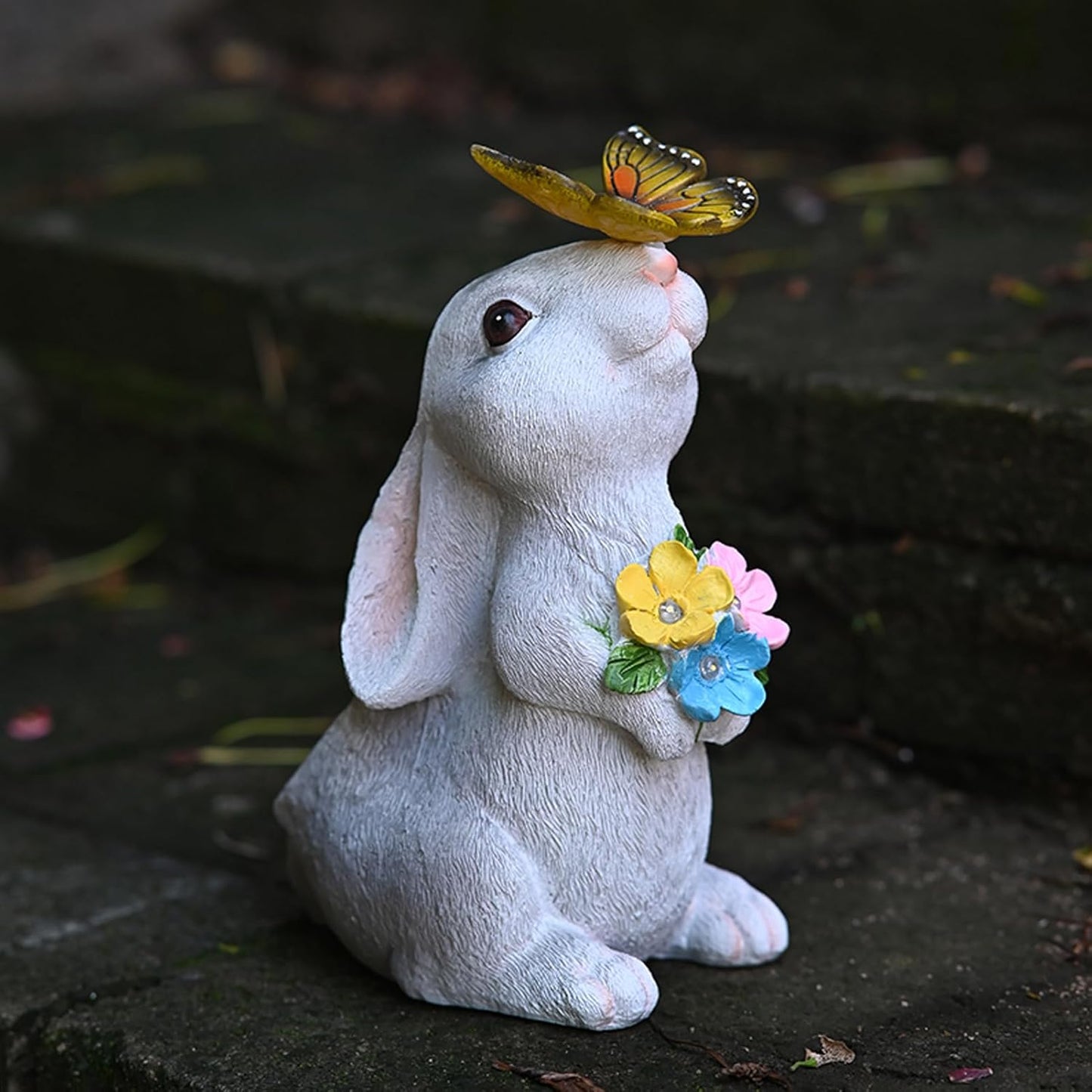 Solar Rabbit Outdoor Statues Garden Decor with Butterfly LED Lights Bunny Statue Decor for Patio Balcony Yard Lawn Ornament, Birthday Gardening Gifts for Mom Grandma Women