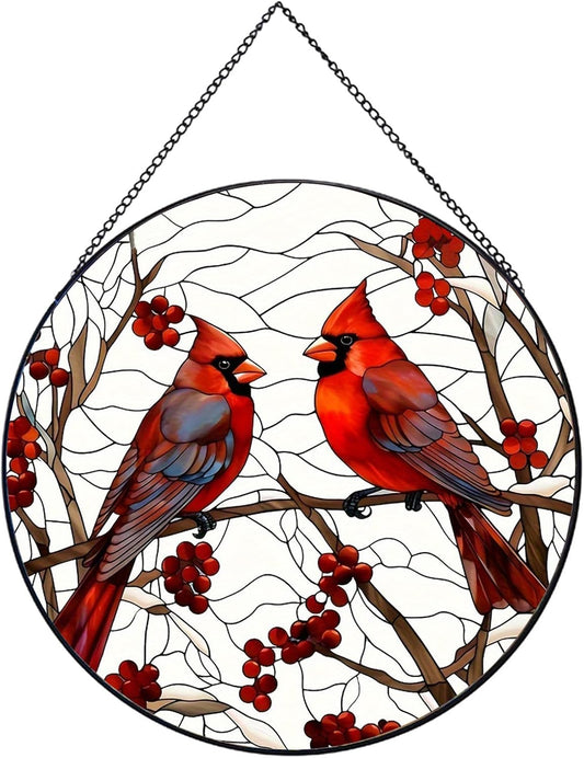 Red Cardinal Stained Glass Suncatcher - Handmade Christmas Window Hanging for Home Garden Deco