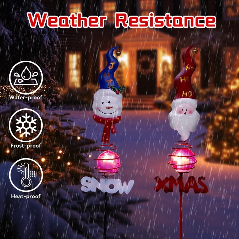Solar Christmas Decorations Outdoor,2 Pack Snowman＆Santa Claus Xmas Pathways Lights,Christmas Solar Garden Stake Lights for Outside Lawn Patio Landscape