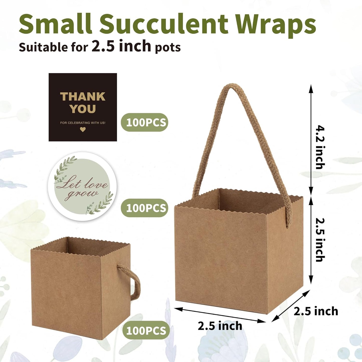Temlum 2.5 Inch Succulent Wrap Bags (Fits 2.5″ Pots) with Thank You & Let Love Grow Stickers, Small Succulent Gift Box for Wedding, Baby Shower, Succulent Party Favors for Guests (Brown 100pcs)